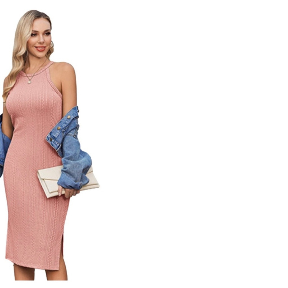 Ekouaer Rib Knit Side Slit Stretchy Bodycon Halter Neck Sleeveless Dress